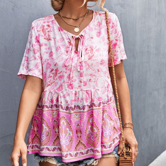 Bohemian Tie Front Peplum Top - Picture 1 of 2
